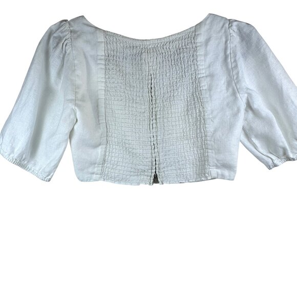 Reformation White Linen Square Neck Crop Top Puff Sleeves Smocked Back Size 0 - Picture 3 of 11